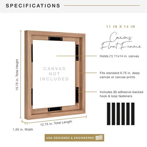 MCS Canvas Float Frames 11x14 Frame, Walnut Woodgrain for Finished Canvases, Vertical & Horizontal Wall Hanging Large with Adhesive for Canvas Paintings (1-Pack)