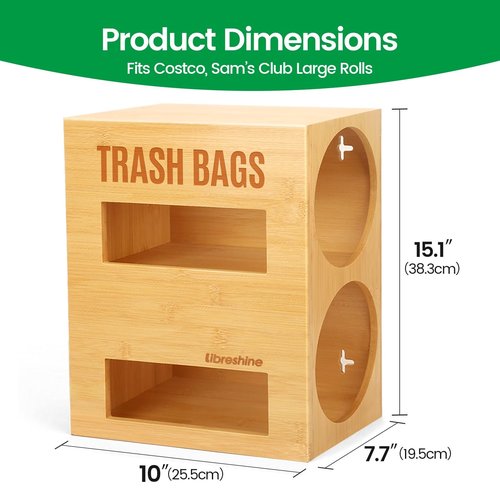 Libreshine Extra Large Bamboo 2-in-1 Trash Bag Dispenser & Roll Holder – Fits Costco Kirkland & Members Mark Jumbo Rolls, Wall/Under-Sink/Cabinet Mountable, Dual-Slot Storage for 2 Rolls
