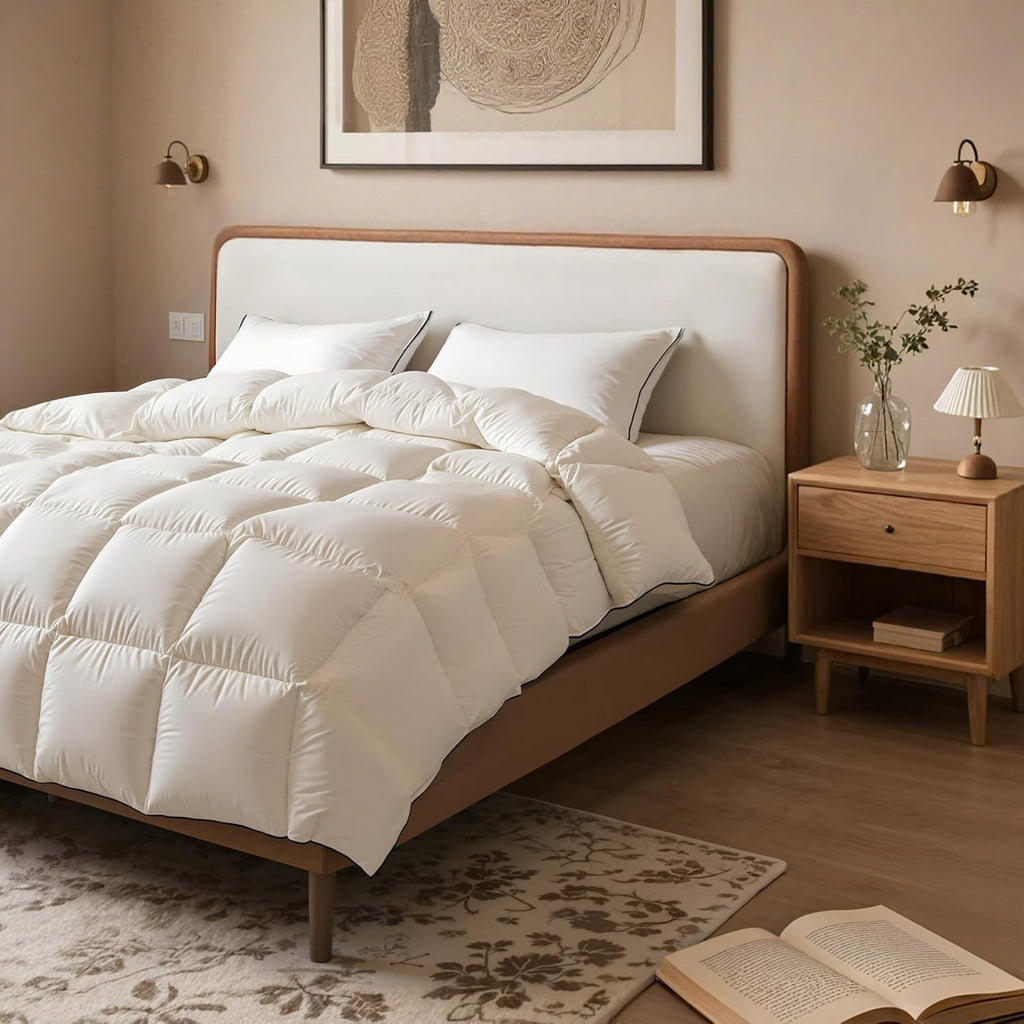 Skiennix Queen Size White Goose Down Fiber Comforter - Super Cozy & Soft All-Season Duvet Insert 90”x90”