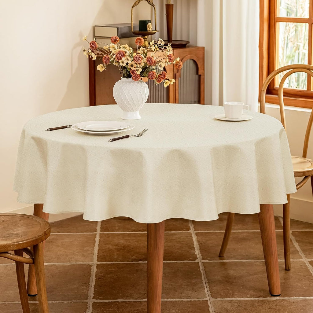 Textured Round Tablecloth - 60 Inch Beige, Water Resistant & Wipeable Faux Linen for 2-4 Seats