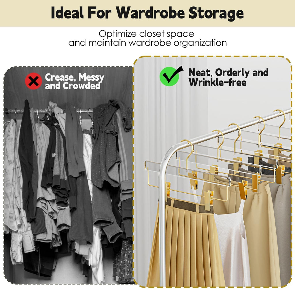 Acrylic Gold Pants Hangers with Adjustable Clips 10 Pack, Non-Slip Skirt Hanger for Women, Heavy Duty Space-Saving Clothes Organizer for Trousers, Coats, Jeans, Adults & Kids
