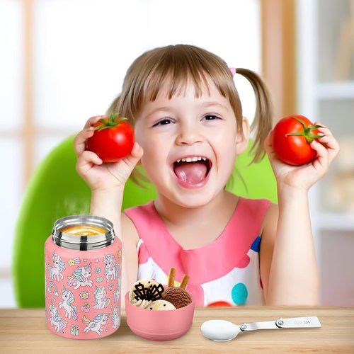 Aimsnk 17oz Soup Thermo for Hot Food Kids Insulated Food Jar,Thermo Hot Food Lunch Container, Width Mouth Stainless Steel Lunch Box for Kids with Handle Folding Spoon (Pink-Unicorn)