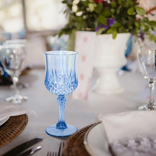 CHLJAR 48 PCS Blue Plastic Wine Glasses 7oz, Reusable Drinkware Vintage Plastic Goblets for Parties Baby Shower Wedding Reception Grand Event Party, Blue