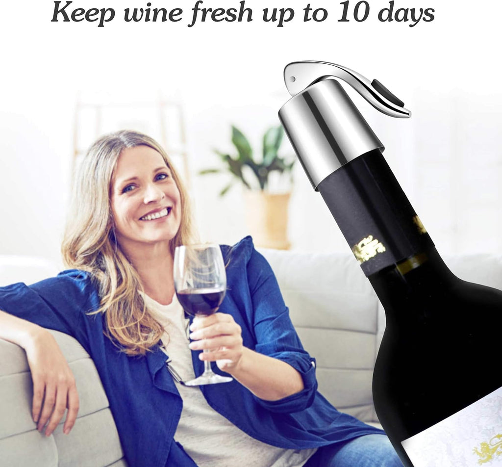 Wine Stopper - Stainless Steel Wine Bottle Stopper with Silicone Seal, Reusable Beverage Preserver, Freshness Keeper, Premium Bottle Sealers, Ideal Wine Saver Accessory Gift Set