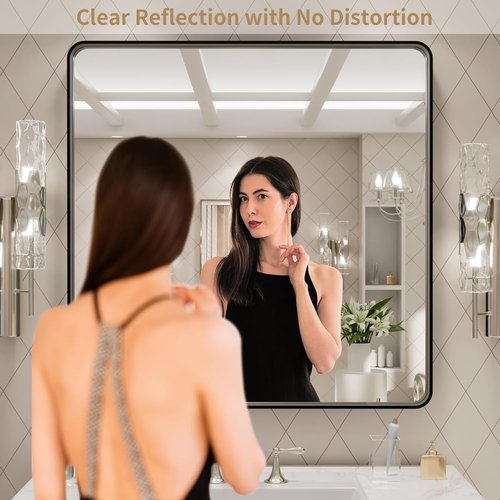 LOAAO Black Metal Framed Bathroom Mirror - 30x30 Inch Matte Black Rounded Rectangle, Anti-Rust, Versatile Hanging Options
