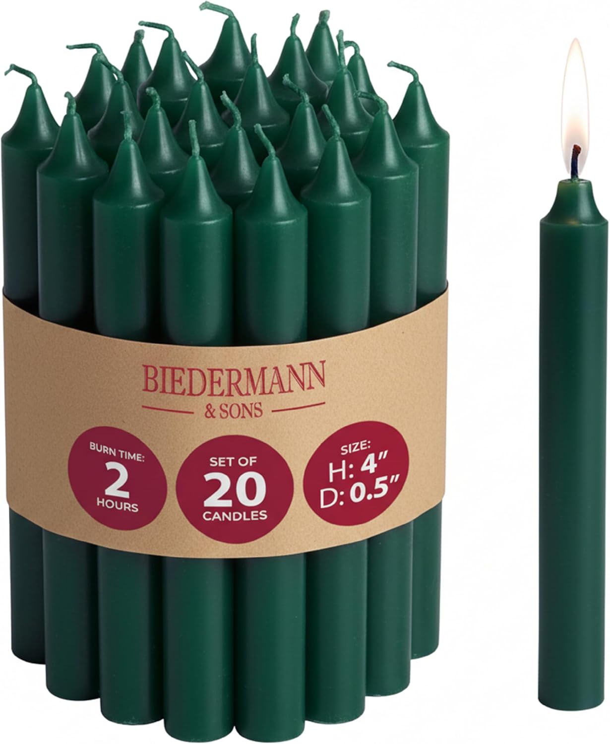 Biedermann & Sons Unscented Pine Green Tree & Chime Candles | 4 Inch Tall, 20-Pack - 2-Hour Burn Time