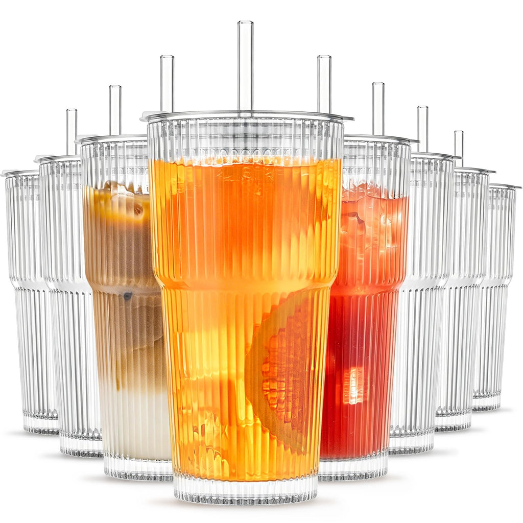 INSETLAN 8-Piece Glassware Set – 20 oz Ribbed Glass Tumblers with Lids and Glass Straws, Heavy-Duty Tumblers, Ideal for Iced Coffee, Smoothies, Cocktails, and Juices – Elegant and Durable Drinkware