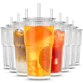 INSETLAN 8-Piece Glassware Set – 20 oz Ribbed Glass Tumblers with Lids and Glass Straws, Heavy-Duty Tumblers, Ideal for Iced Coffee, Smoothies, Cocktails, and Juices – Elegant and Durable Drinkware