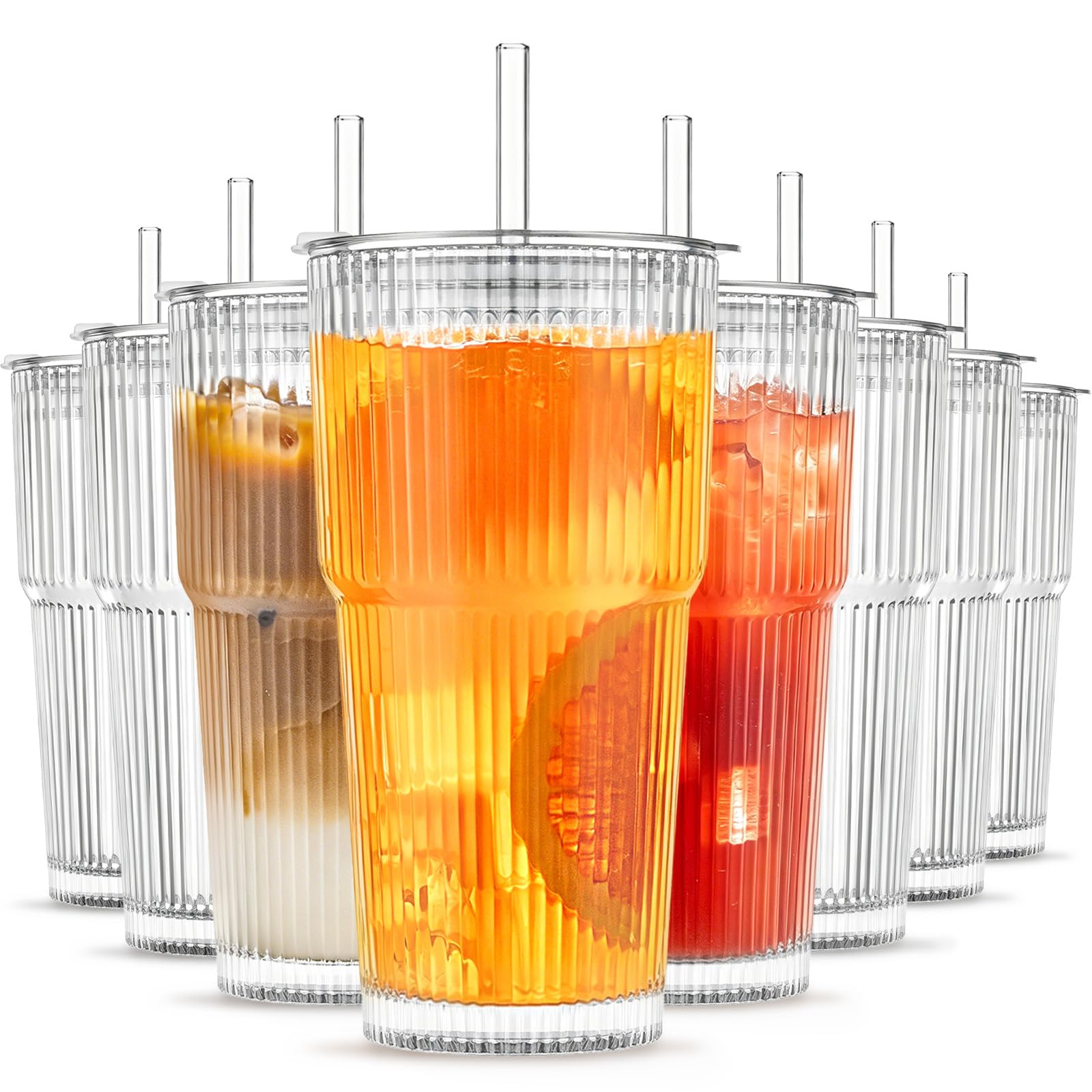 INSETLAN 8-Piece Glassware Set – 20 oz Ribbed Glass Tumblers with Lids and Glass Straws, Heavy-Duty Tumblers, Ideal for Iced Coffee, Smoothies, Cocktails, and Juices – Elegant and Durable Drinkware