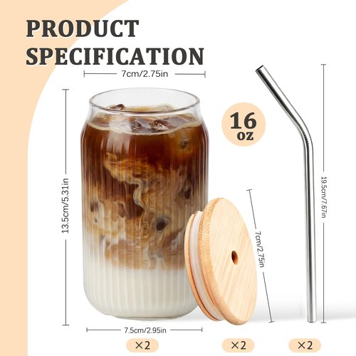 Lyghei 2 Packs Ribbed Glass Tumbler with Lid and Straw 16 oz Vintage Ice Coffee Cup Set Bulk Simple Smoothie Juice Matcha Tea Water Slushie Clear Hot Drink Glasses Travel Mug Modern Kitchen Glassware