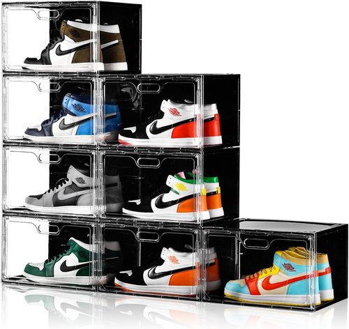 Amllas Shoe Storage Organizer - Stackable 8 Pack with Lids | Fits Up to US Size 13 Sneakers (13”x 10.6”x 8.3”)