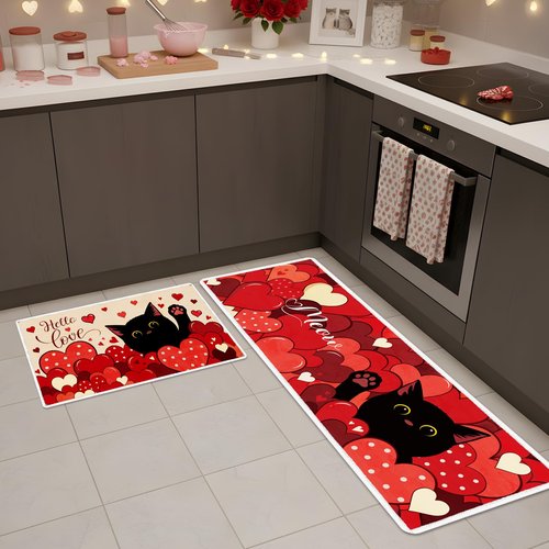 Valentines Day Kitchen Rugs Set of 2, Non Slip Black Cat Red Heart Valentines Kitchen Mats, Hello Love Floor Mat Decor for Indoor Outdoor Valentine Anniversary Home Decorations 17x47 and 17x29 Inch