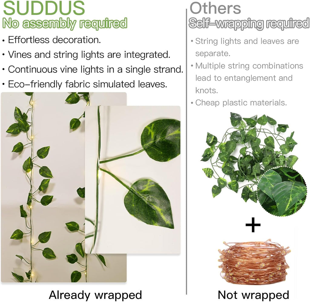Suddus Vines with Lights - 20 LED Battery Operated Fairy Lights | 6.56FT Pothos String Lights for Bedroom, Garden, Party Decor (Warm White)