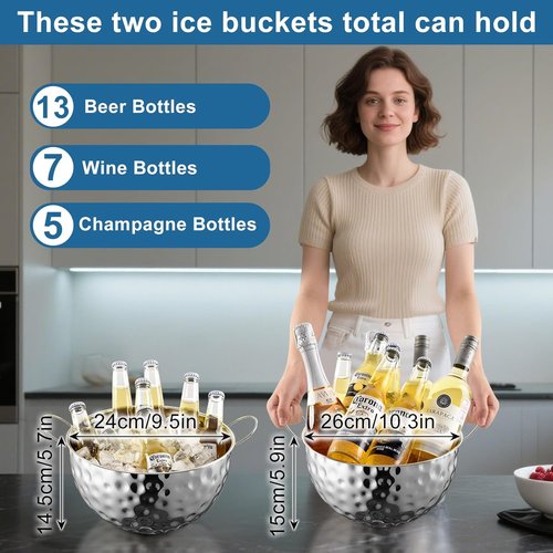 Ice Bucket of 2 Pack, 7L (10.3 * 10.3 * 5.9in) Large Ice Buckets for Parties,Metal Beverage Tub,Wine Bucket with Scoop,Champagne Bucket,Large Ice Buckets for Wine,Beer, Bottle Drinks, Dishwasher Safe
