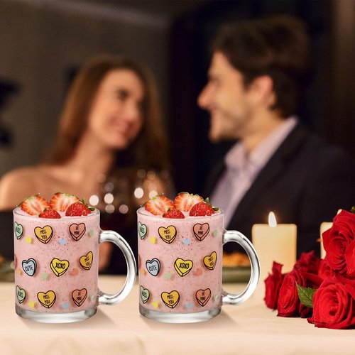 Maxcheck 6 Pack 12 oz Valentines Day Heart Glass Coffee Mugs with Handle Heart Glasses Cups Love Drinking Glasses for Valentine's Day Party Supplies Gifts