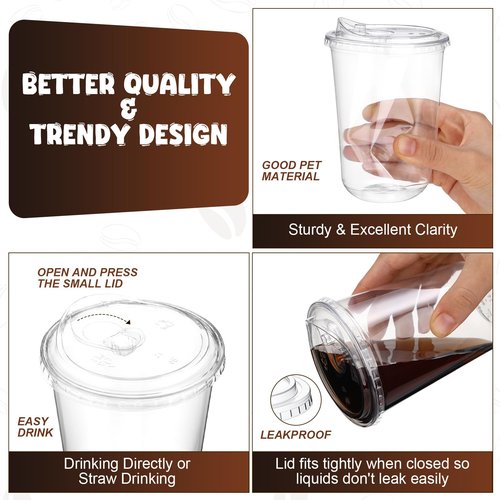LemonRoad 200 Sets 16 oz Round Bottom Clear Plastic Cups with Sip Lid Disposable Plastic Iced Coffee Cup with Strawless Lid for Smoothie, Juice, Cold Beverage, Party Catering, Drink Shop