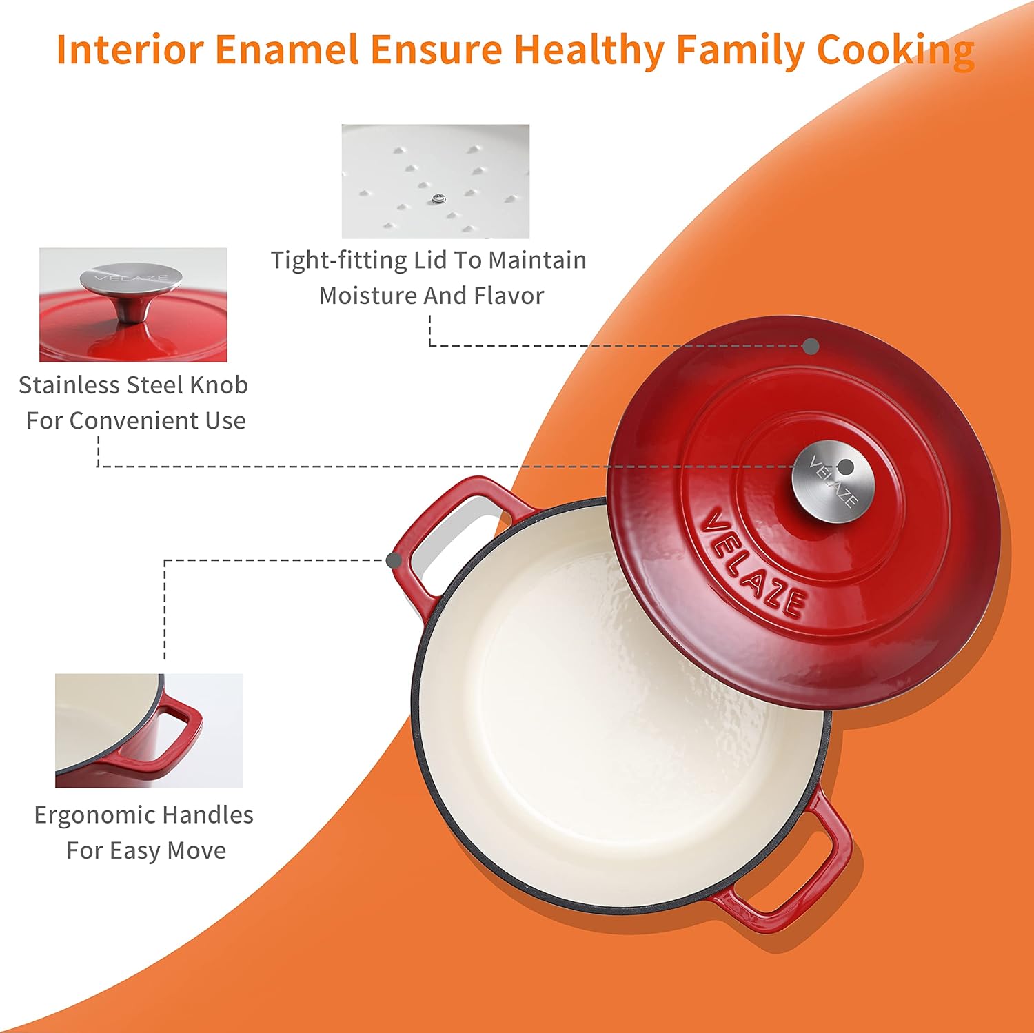 Velaze 6 QT Enameled Cast Iron Dutch Oven - Heavy-Duty Non-Stick Pot with Lid for Baking & Roasting | Red