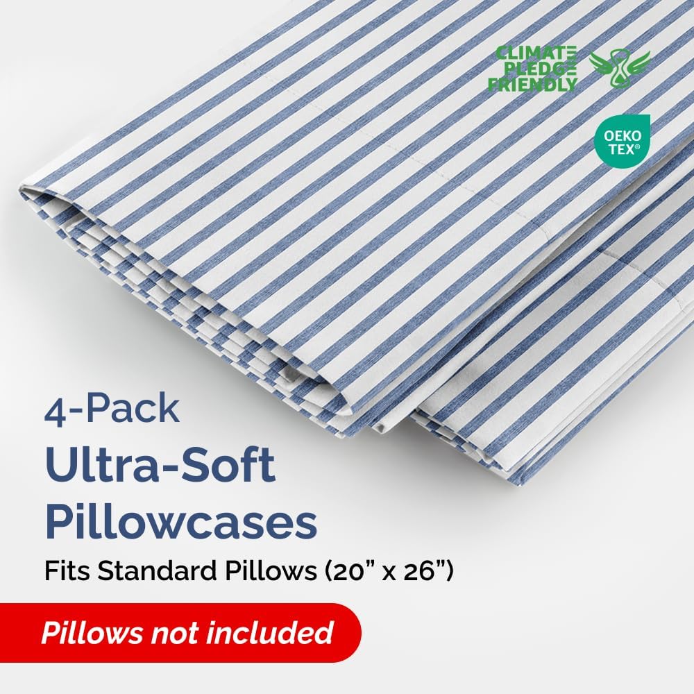 Skiennix Standard Pillow Cases Set of 4 - Soft Hotel Quality Covers | Cozy & Comfy Bedding - Blue Stripes