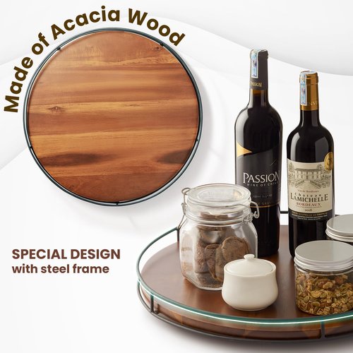 TIDITA 18" Acacia Wood Lazy Susan Turntable with Metal Frame - Large Brown Lazy Susans Organizer Countertop Storage - Wooden Serving Tray for Charcuterie Cheese Board - Kitchen Counter Rotating