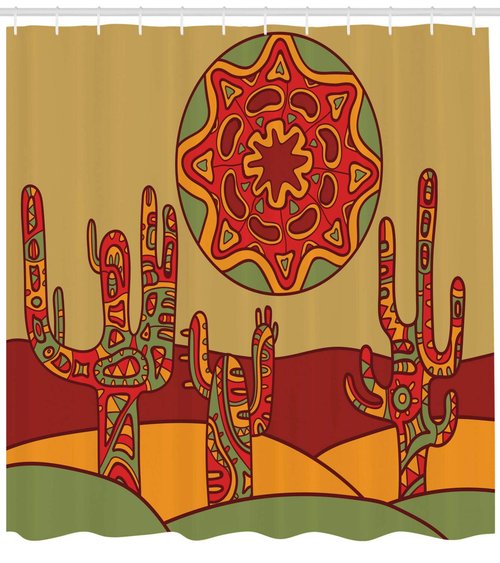Ambesonne Cactus Shower Curtain, Print Cartoon Like Cactus Design with Oriental Effects Art Image Print, Cloth Fabric Bathroom Decor Set with Hooks, 69" W x 70" L, Burgundy Earth Yellow