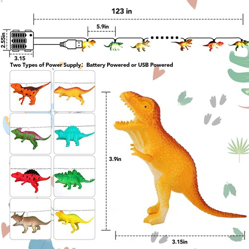 AceList Christmas Dinosaur String Lights 20 LED 10FT for Kids with Remote & USB, Realistic Looking Dino Lights for Birthday and Party Décor, Dinosaur Gifts for Toddlers, Boys, and Girls