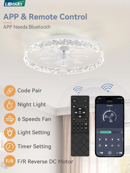 LEDIARY 20 Inch Low Profile Ceiling Fans with Lights and Remote, Fandelier Ceiling Fan Flush Mount, 3000K-6000K Dimmable LED Fan Light, White Modern Ceiling Fans with Lights for Bedroom