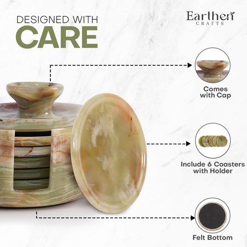 Earthen Crafts Marble Coasters Set of 6 for Drinks 3.5" Green Onyx Round Stone Drink Coaster with Holder & Lid for Table Countertop, Kitchen Counter & Coffee Table Decor