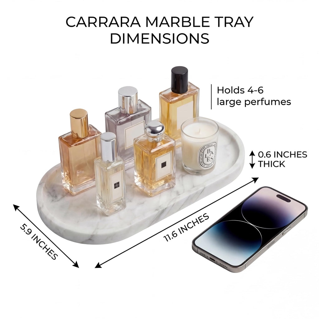 YKAJO 11.6" x 5.9" Oval Real Marble Tray for Bathroom & Kitchen Counter — 100% Natural Stone Decorative Vanity Tray for Dresser & Perfume — Heavy Catchall Organizer for Soap & Jewelry, White Gray
