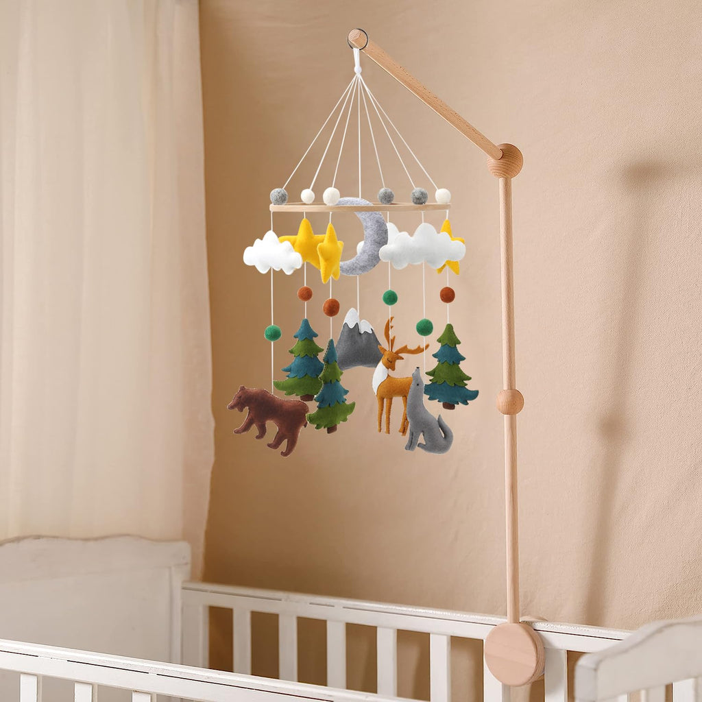 Flora & Ivy Woodland Mobile for Crib - A Gender Neutral Woodland Crib Mobile with Stars Trees Clouds and Animals for a Forest or Hunting Theme, Green sage