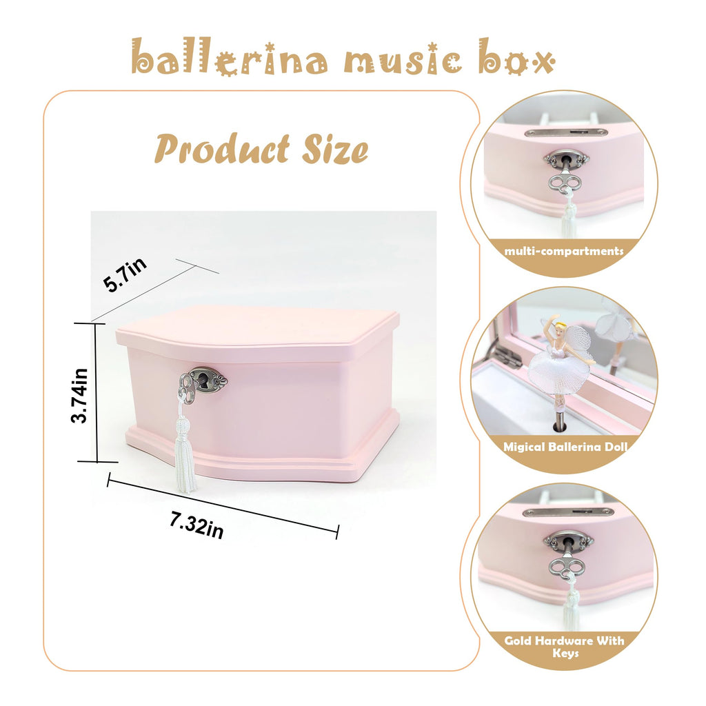 Lihou PapaQ Pink Ballerina Musical Jewelry Box for Girls, Wooden Jewelry Storage Chest with Mirror & Lock, Swan Lake Tune Spinning Ballerina Music Box, Ideal Kids Gift for Christmas & Holidays