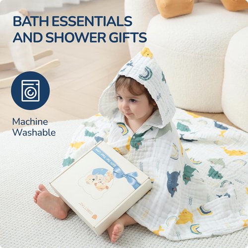 usbettas Toddler Hooded Bath Towels,100% Cotton Muslin Baby Towels for Boys Girls,Ultra Soft & Absorbent Quick Dry Kids Towel for Beach,Pool,Bathroom,Large 43x43 Inch