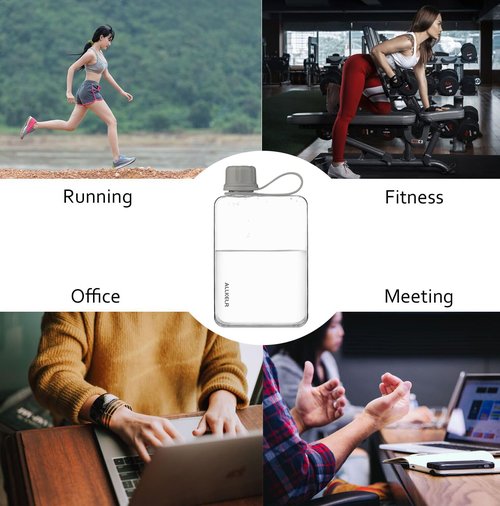 ALLKELR Portable Flat Water Bottle,BPA Free Reusable Tritan Plastic Travel Water Bottle Cup,Lightweight Leakproof Slim Water Bottle Fits Purse,Backpacking, Hiking (Gray, 17 oz)