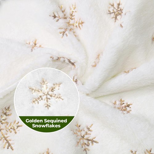 Christmas Tree Skirt 48 Inches Faux Fur Christmas Tree Skirt White with Gold Sequin Snowflakes Large Xmas Tree Skirt Christmas Tree Base Cover Party Decorations Ornaments