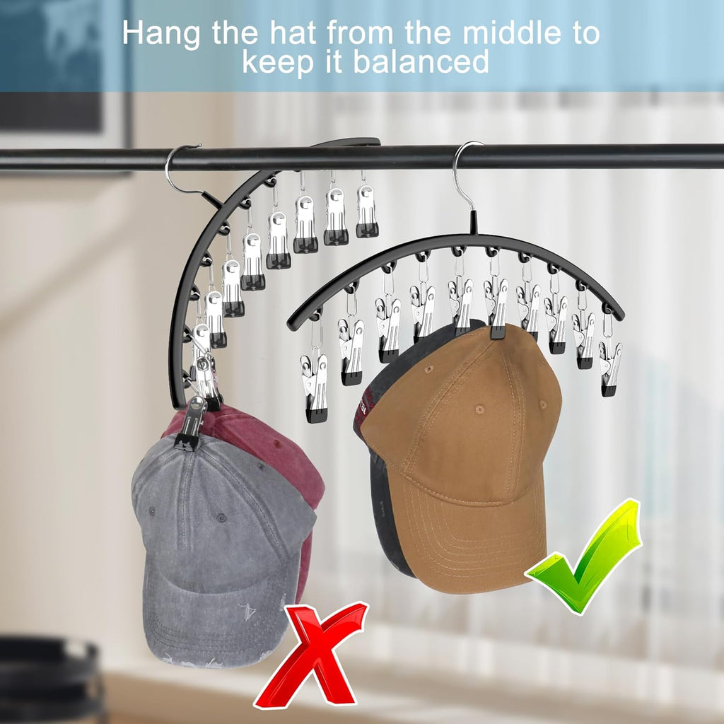 Skiennix Hat Hangers - Metal 2-Pack Hat Organizer with 10 Clips | Black Baseball Cap Holder for Closet