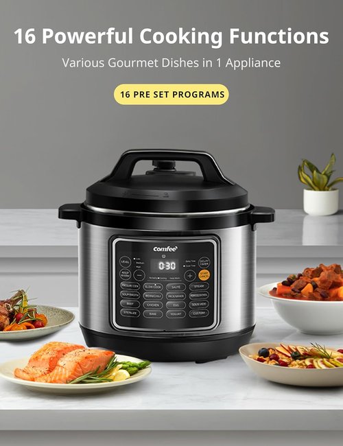 COMFEE’ 8 Quart Pressure Cooker - 16 Cooking Functions & Healthy Ceramic Inner Pot | Versatile Non-Stick Design