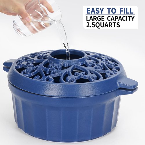 Wood Stove Steamer-Fireplace Humidifier,Cast Iron Humidifier for Stove, Matte Black Finish, Rust Resistant, Lattice Top, 2.5 Quart Capacity,Wood Burning Stove Indoor Decorative.Blue