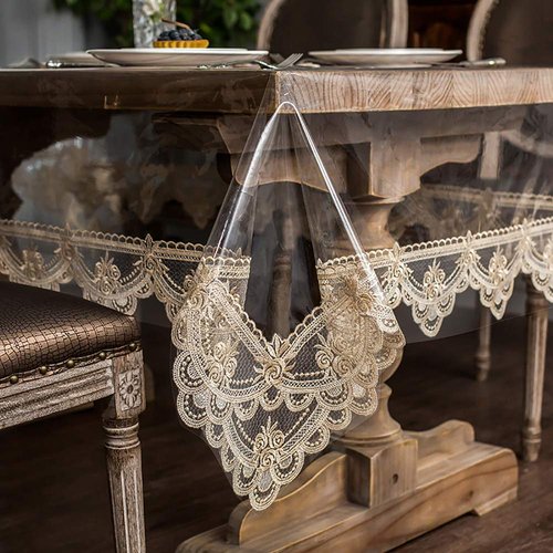 ARTABLE Vinyl PVC Rectangle Tablecloth Waterproof Clear Table Cover with Champagne Lace Macrame Border for Wedding Kitchen Home Outdoor Indoor Holidays Party Decor (Champag, 60 x 104 Inch)