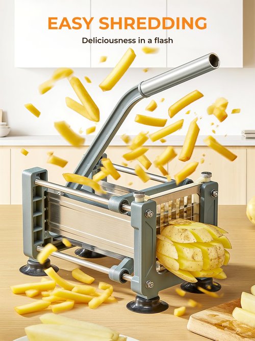 FOHRER French Fry Cutter, Professional Manual Potato Slicer for Potatoes with 3 Heavy Duty Stainless Steel Blades (1/2, 3/8, 1/4 Inch), Unique Blue Potato Cutter with Non-Slip Suction Feet