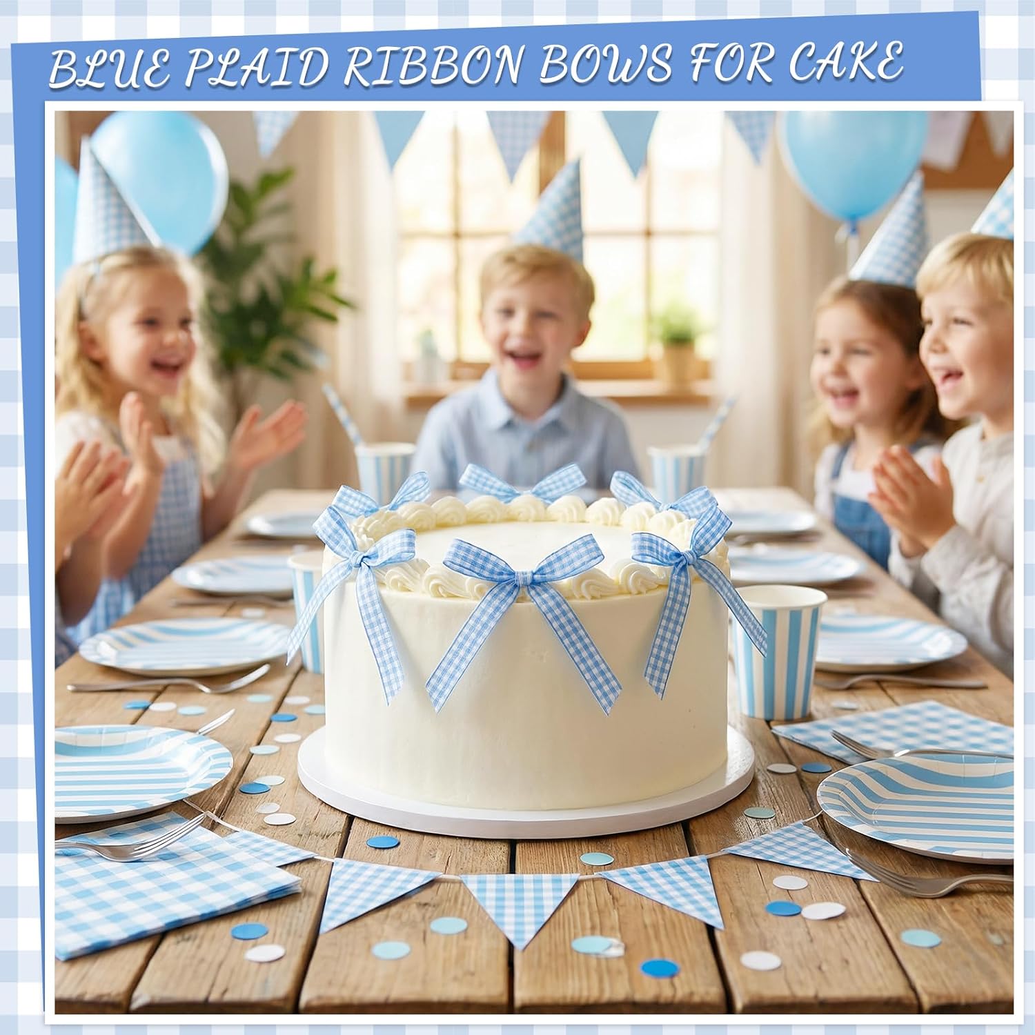 Skiennix 30 Pack Bow Cake Toppers - Blue Gingham Ribbons for Birthdays & Baby Showers