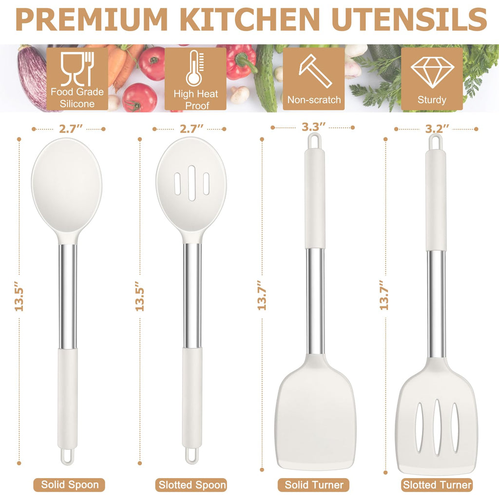 TeamFar Kitchen Utensils, 4 PCS Silicone Cooking Utensils with Stainless Steel Handle, for Nonstick Cookware Frying/Flipping/Draining, Non-toxic & Heat-proof, Non-scratch & Dishwasher Safe
