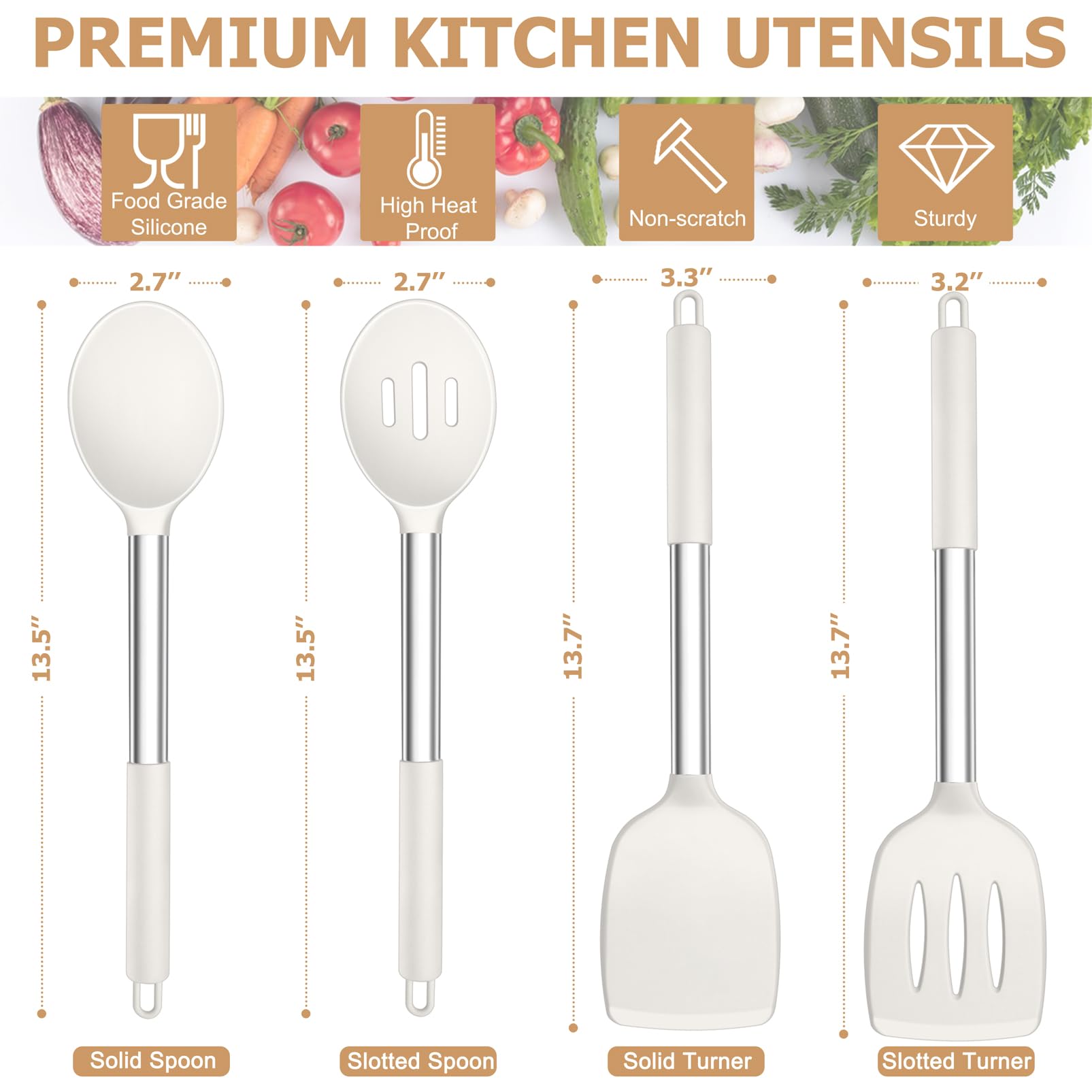 TeamFar Kitchen Utensils, 4 PCS Silicone Cooking Utensils with Stainless Steel Handle, for Nonstick Cookware Frying/Flipping/Draining, Non-toxic & Heat-proof, Non-scratch & Dishwasher Safe