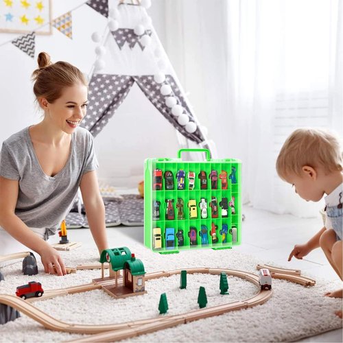 Double Sided Toy Storage Organizer Case for Hot Wheels Car, for Matchbox Cars, for Mini Toys, for Small Dolls. Carrying Box Container Carrier with 48 Compartments - Green(Box Only)
