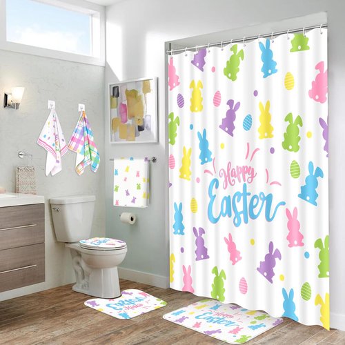 Tieshankao 7Pcs Easter Shower Curtain Bathroom Set - Bunny Non Slip Rugs Toilet Lid Cover Bath Mat Towels Decor with 12 Hooks