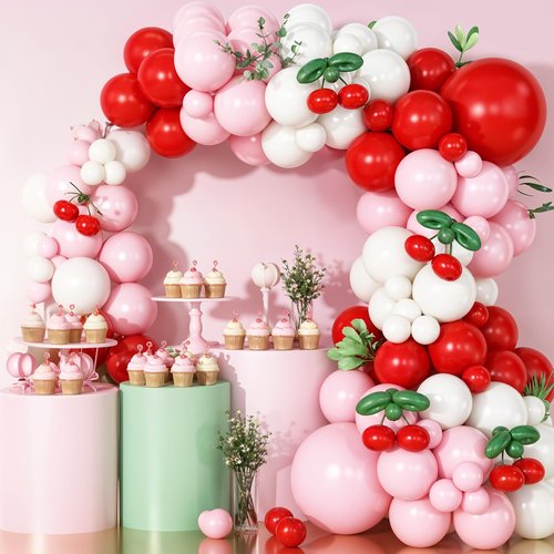 Cherry Balloon Garland Arch Kit, Red Pink White Green Long Balloons for Girls Birthday She is Cherry on Top Baby Shower Wedding Bridal Party Decorations