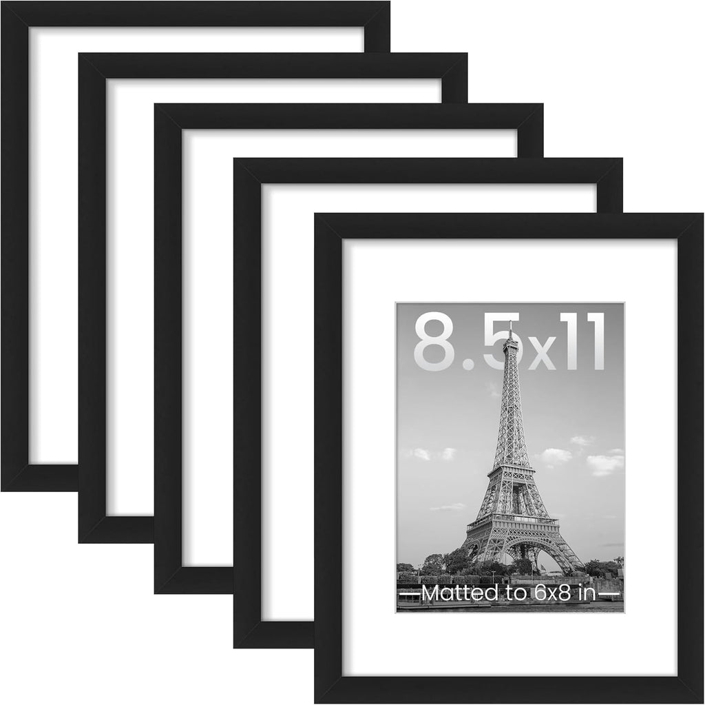 Upsimples 8.5x11 Picture Frame Set of 5 - Versatile Black Frames for 6x8 or 8.5x11 Photos