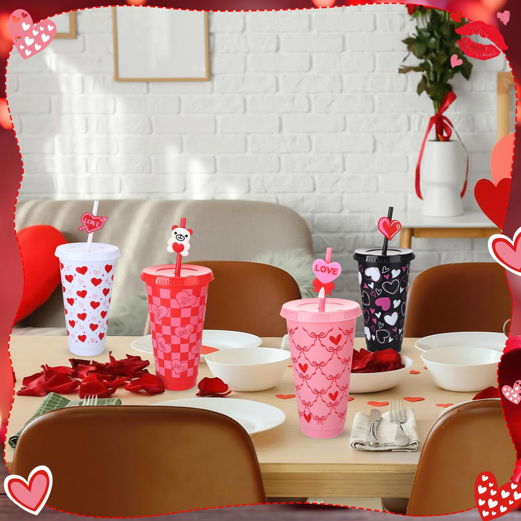 Ovveroche 12 Pcs Valentine's Day Plastic Cups with Lids and Straws and Straw Caps 24 oz Reusable Cups Travel Mug Bulk for Valentine's Day Birthday Wedding Anniversary Party Favors