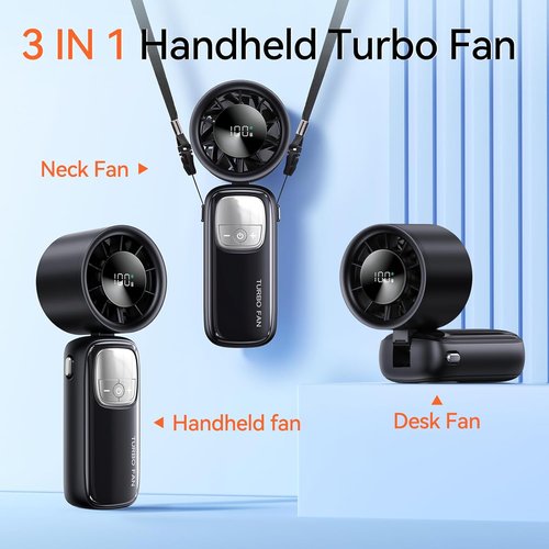 KIMMOO 3-in-1 Portable Handheld Turbo Fan - 100 Speeds, 15000 RPM, 10-Hour Cooling, LED Display | Mini Foldable Travel Fan (Black)