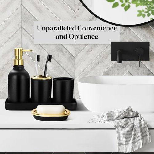 ALPIRIRAL Black and Gold Bathroom Decor, 10Pcs Black Bathroom Accessories Set, Soap Dispenser and Toothbrush Holder, Soap Dish, Cotton Ball & Qtip Holder, Toilet Brush Holder, Tissue Box Cover