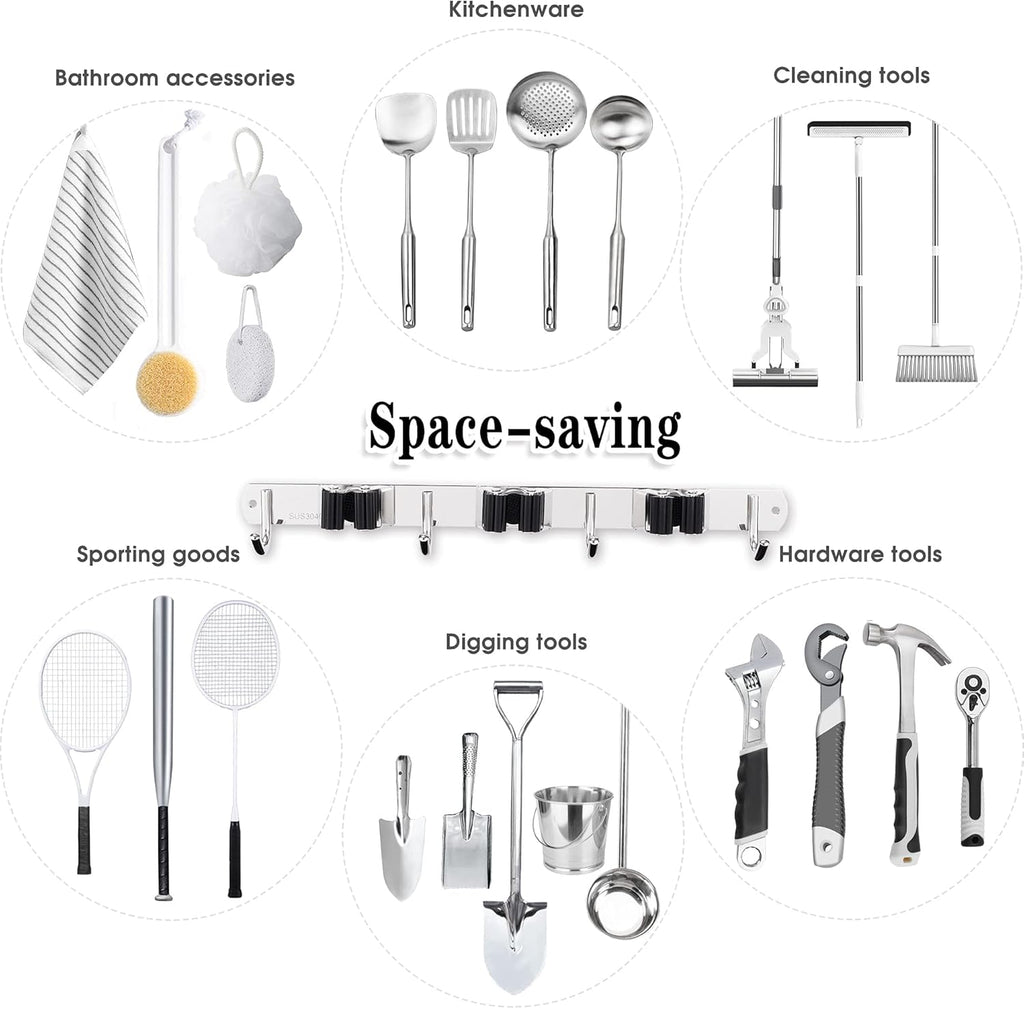 Skiennix Broom and Mop Holder - Wall Mounted Garage Organizer with 3 Racks & 4 Heavy-Duty Hooks | Stainless Steel, Non-Slip