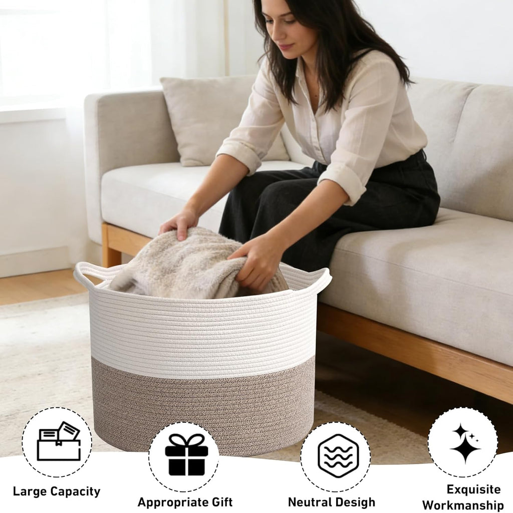 Regine Switzerland 65L Large Woven Cotton Rope Basket - Stylish Laundry Hamper for Bedroom & Living Room, White & Brown